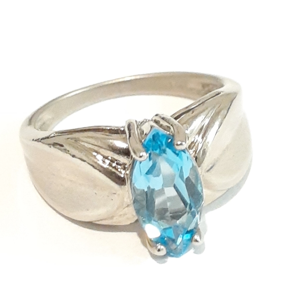 Rare Antique .925 Sterling Silver Marquise Swiss Blue Topaz Ring